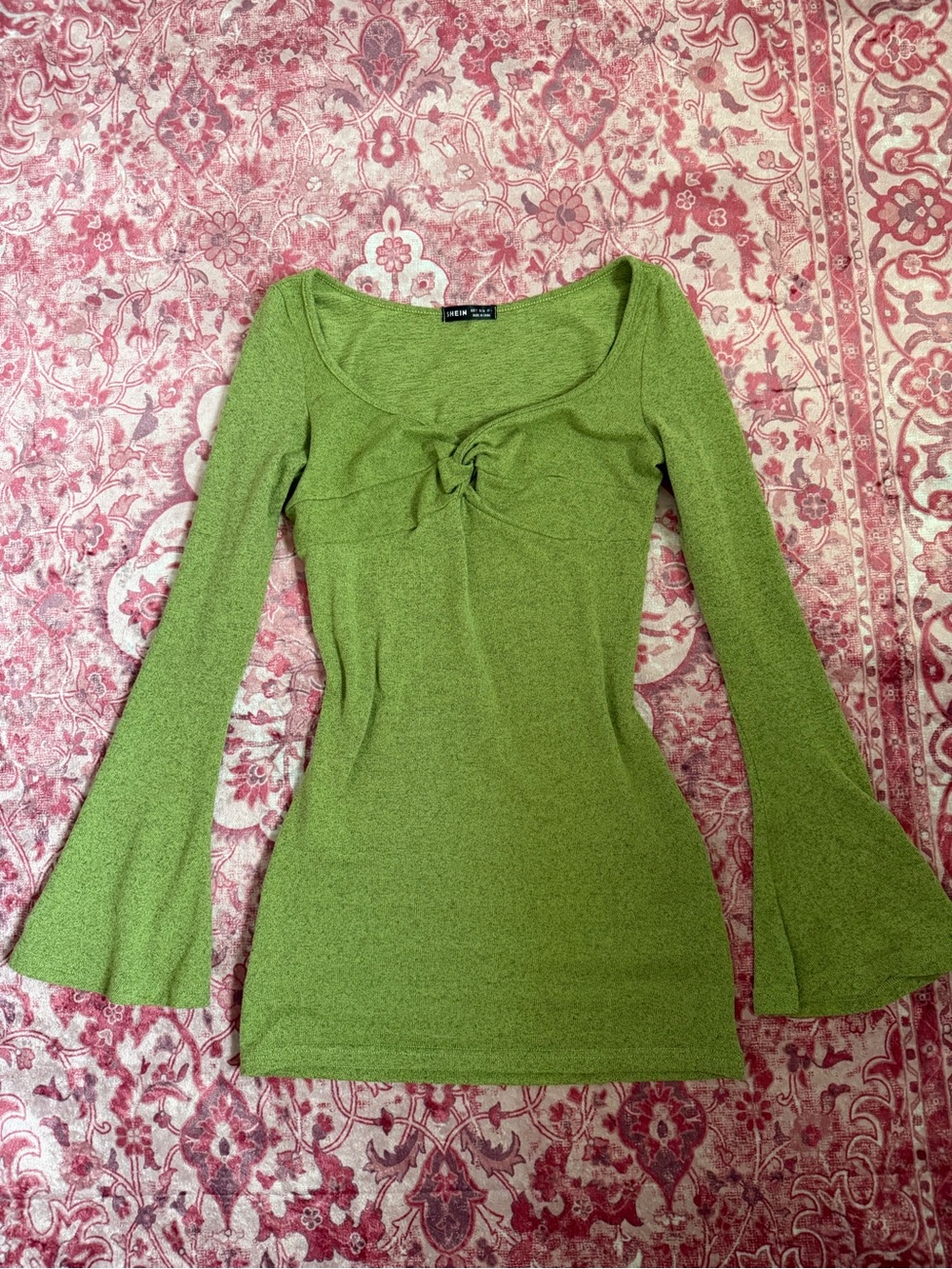 SHEIN Olive Green Long Sleeve Knot-Front Scoop Top